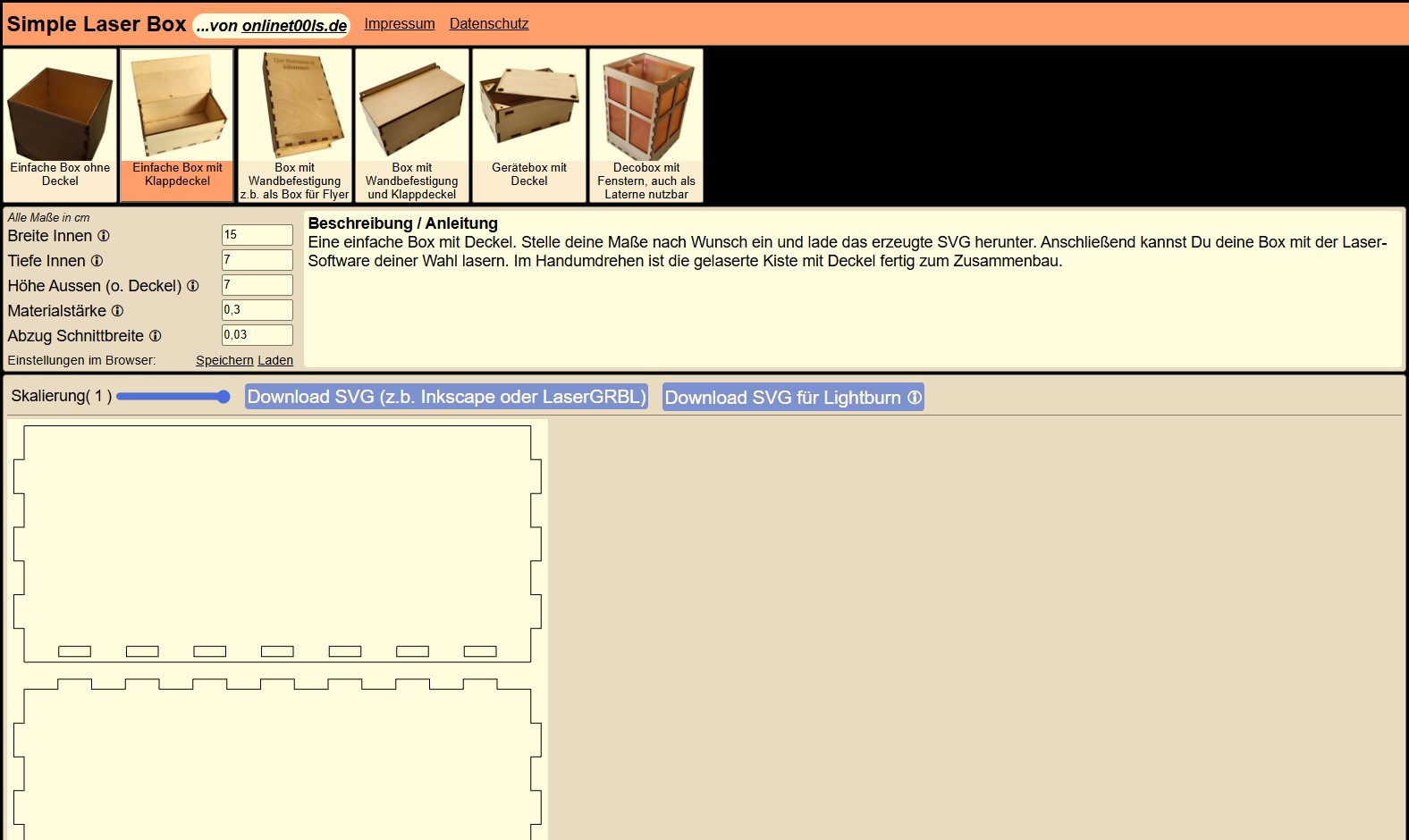 Screenshot des Tools Simple Laser Box