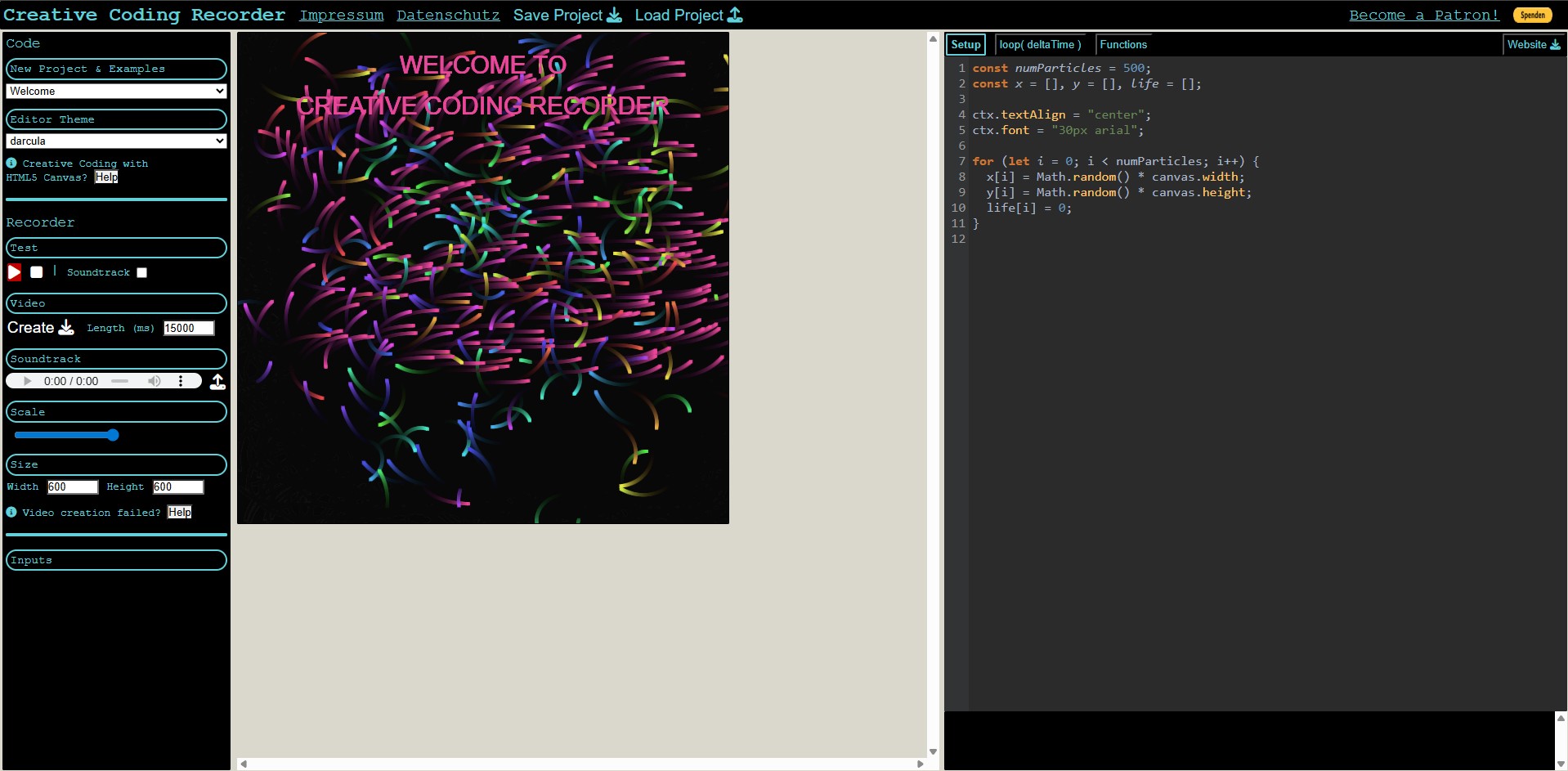Screenshot des Tools Creative Coding Recorder