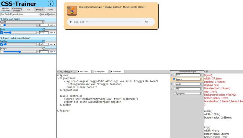 Screenshot des Tool csstrainer zum üben der Websprache CSS