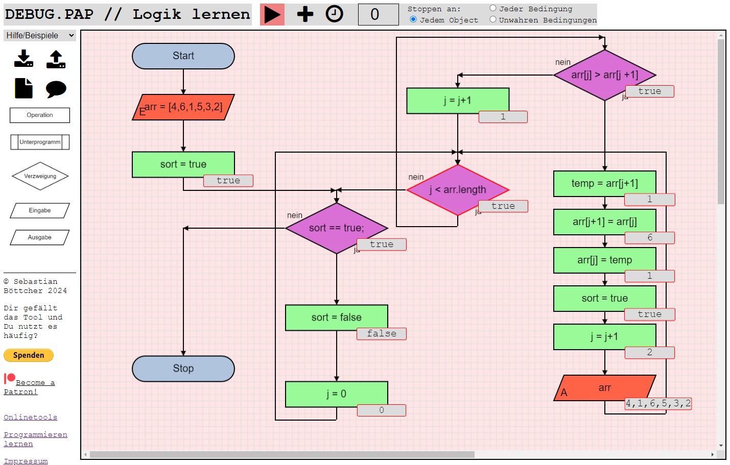 Screenshot des Tools Debug.PAP zum lehren und lernen von Programmablaufplänen