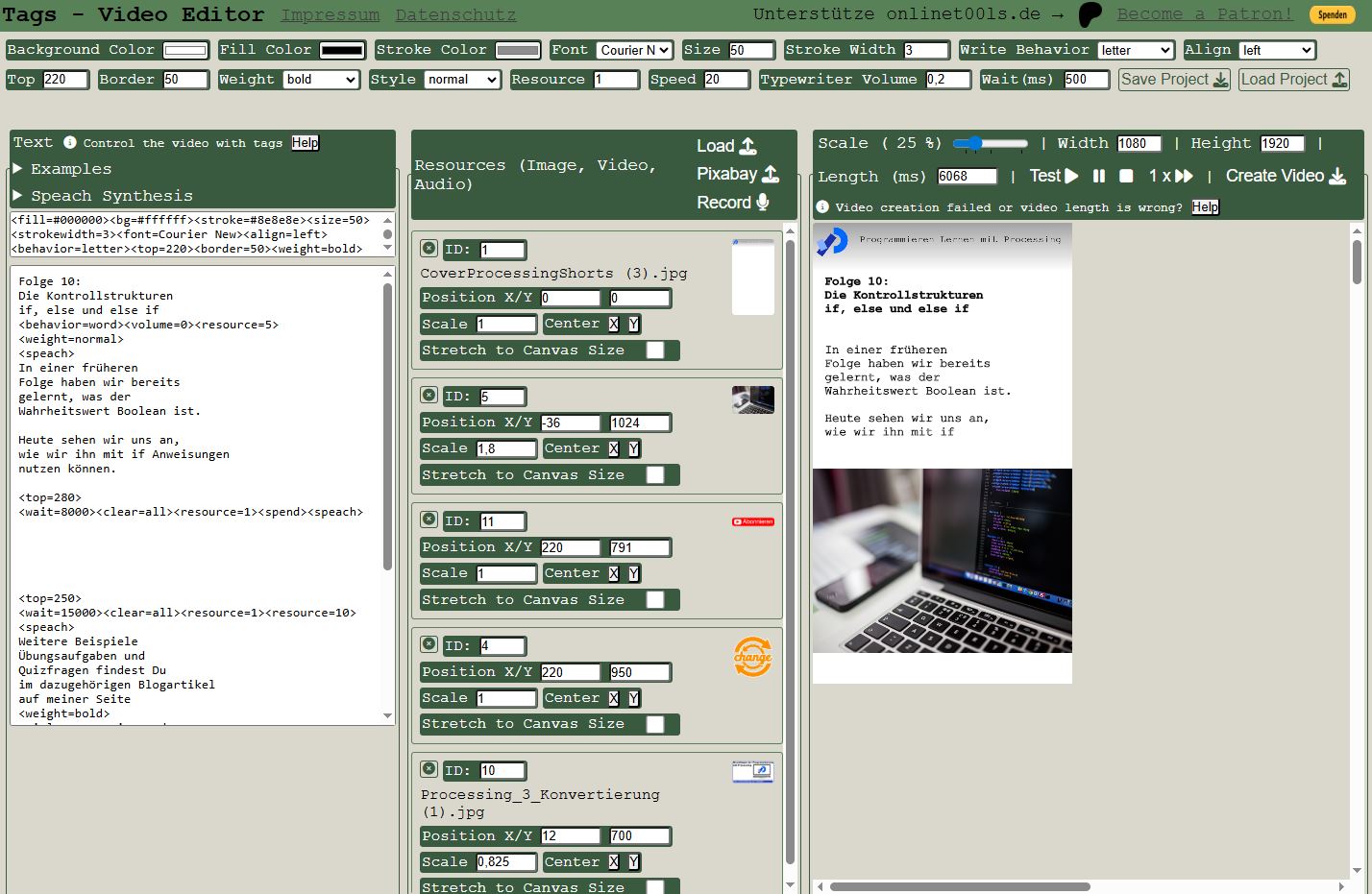 Screenshot des Tools Typewriter Video Editor